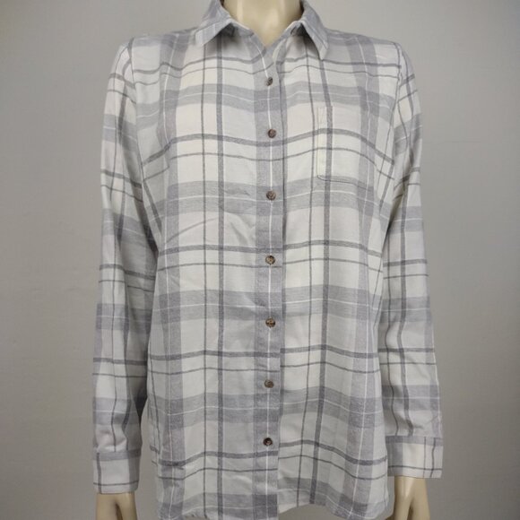 Kuhl gray plaid long sleeve cotton blend button front flannel shirt ladies Large - Picture 1 of 8